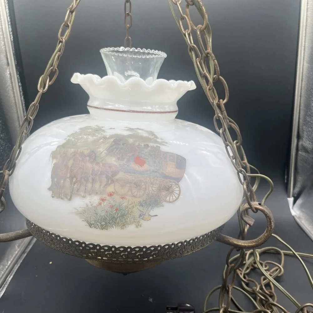 Vtg Aladdin Electric Milk Glass Library Hanging Lamp Chandelier 10